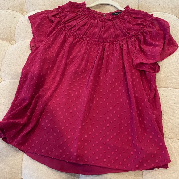 Jcrew raspberry Gathered Bib Top in Drapey Swiss Dot short sleeve shirt - Picture 2 of 10